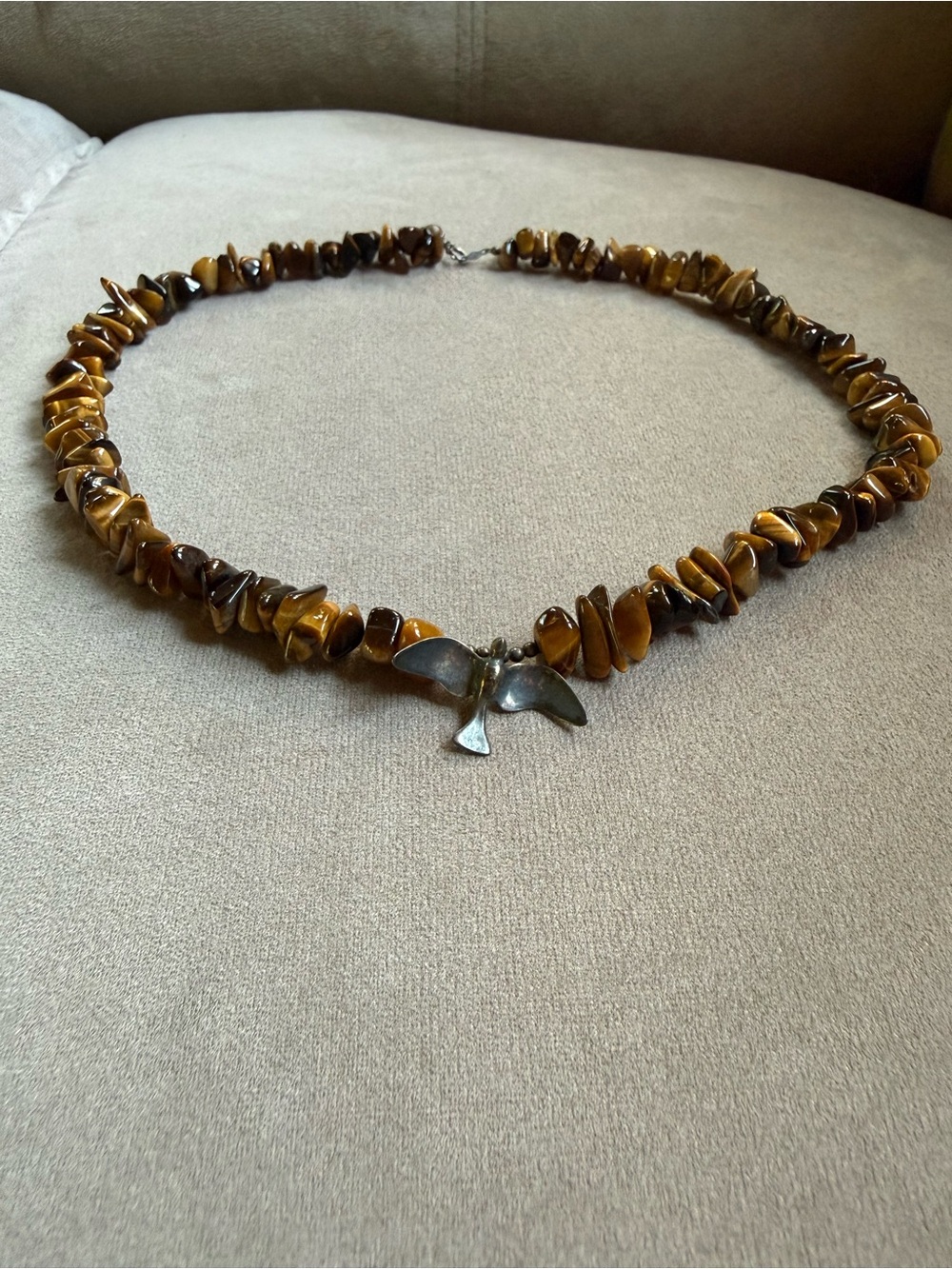 Vintage Tiger Eye Chip Necklace with Silver Dove Pendant